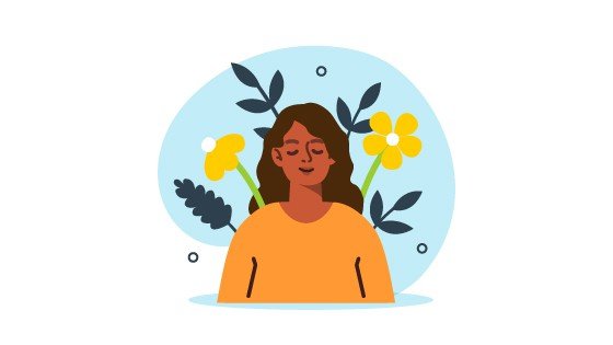 Picture of self-acceptance, showing a person thinking peacefully about themselves with flowers in the background.